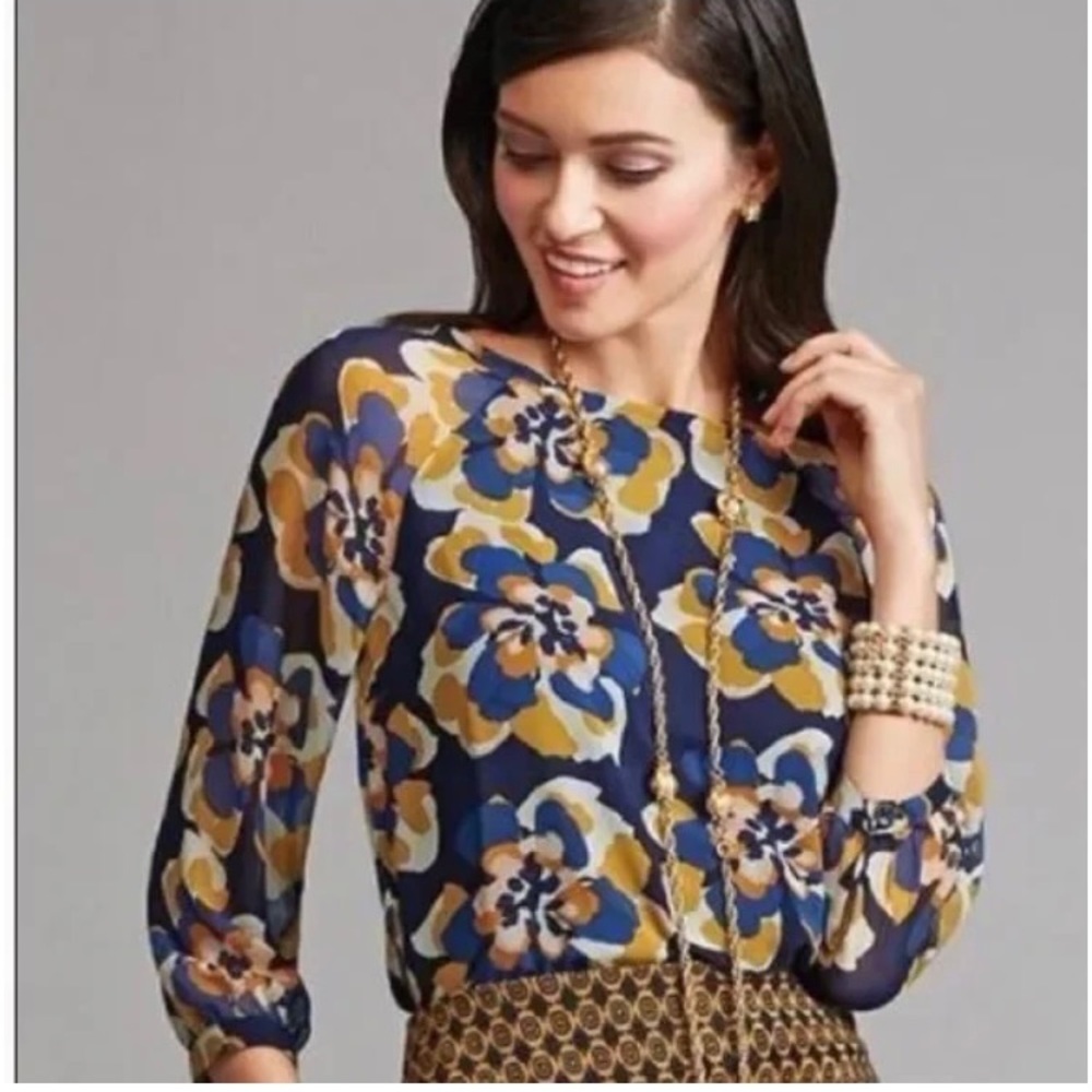 CAbi Navy Floral Blouse with Mustard & Blue Print